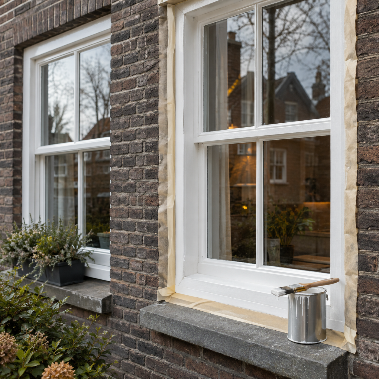 Fris wit geschilderde houten kozijnen op een bakstenen gevel, met afplaktape en een verfblik
