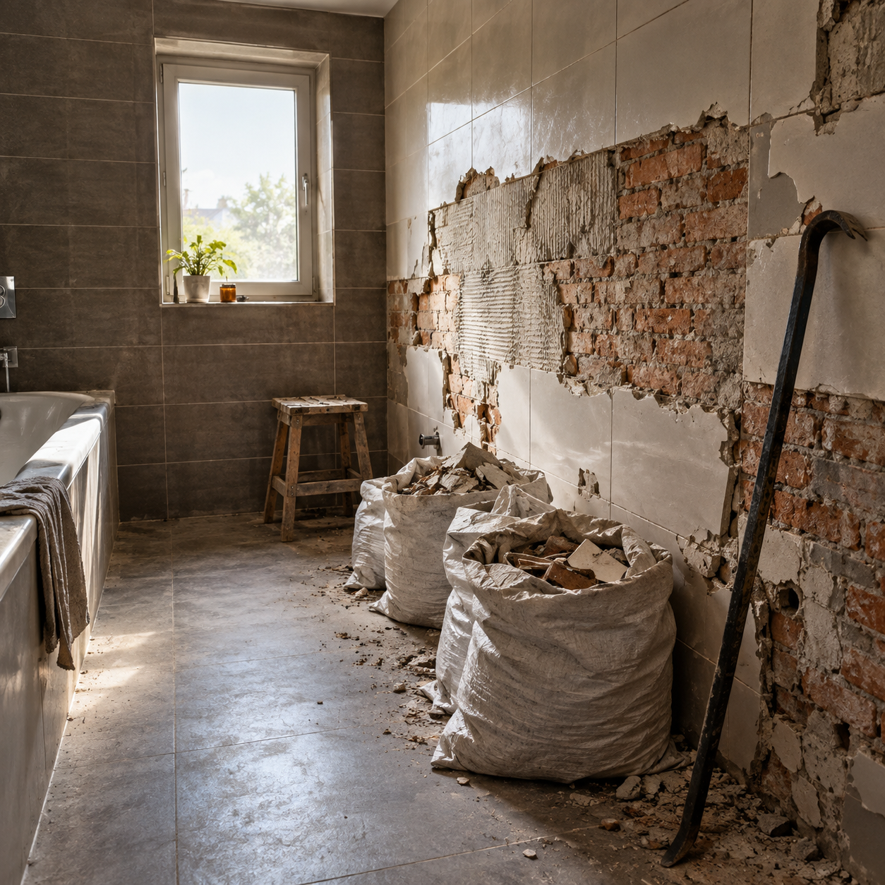 Badkamer die wordt gestript: tegels half van de muur, puinzakken en een koevoet