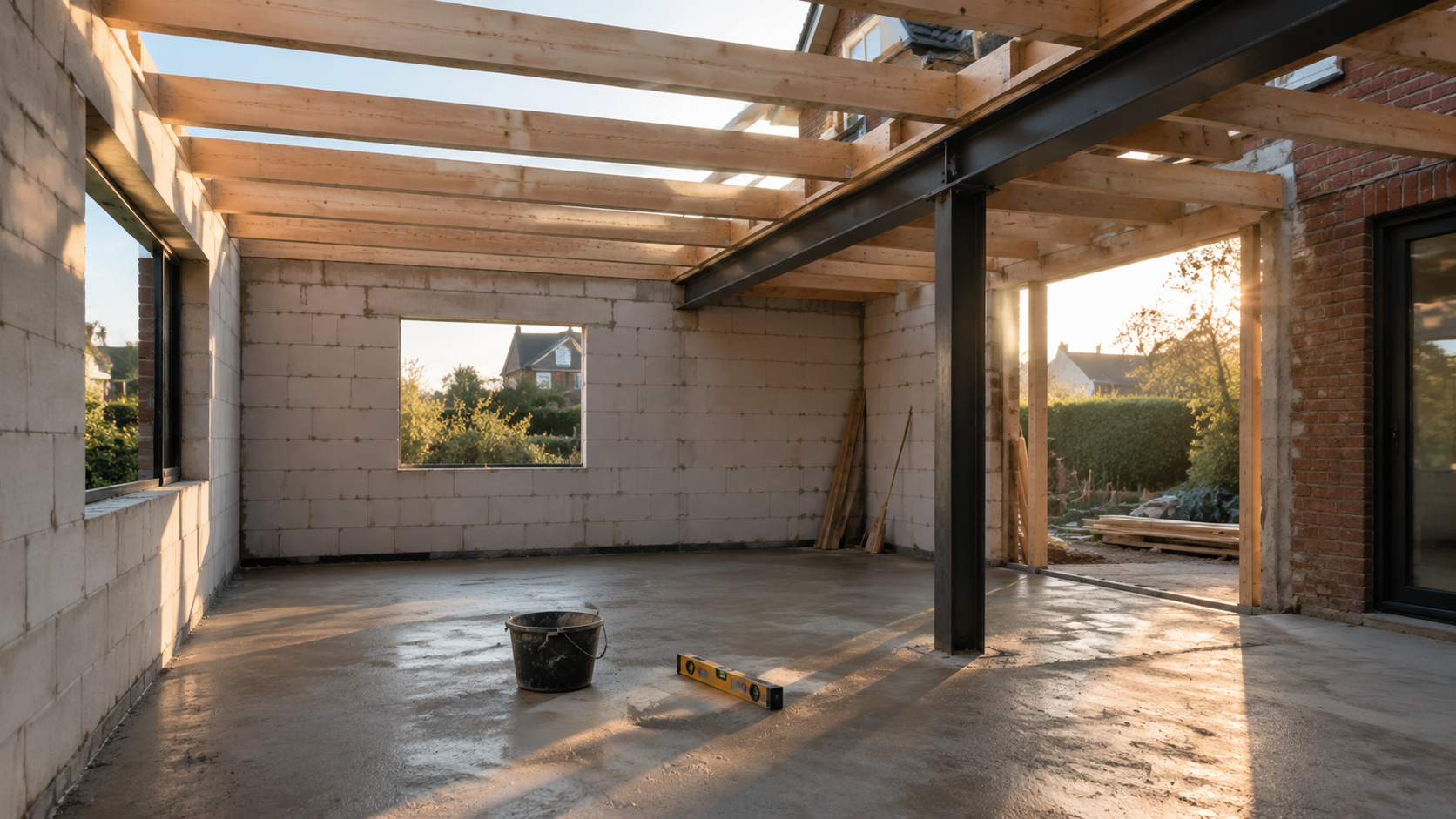 Aanbouw in aanbouw: nieuwe wanden, een stalen balk en open dakbalken